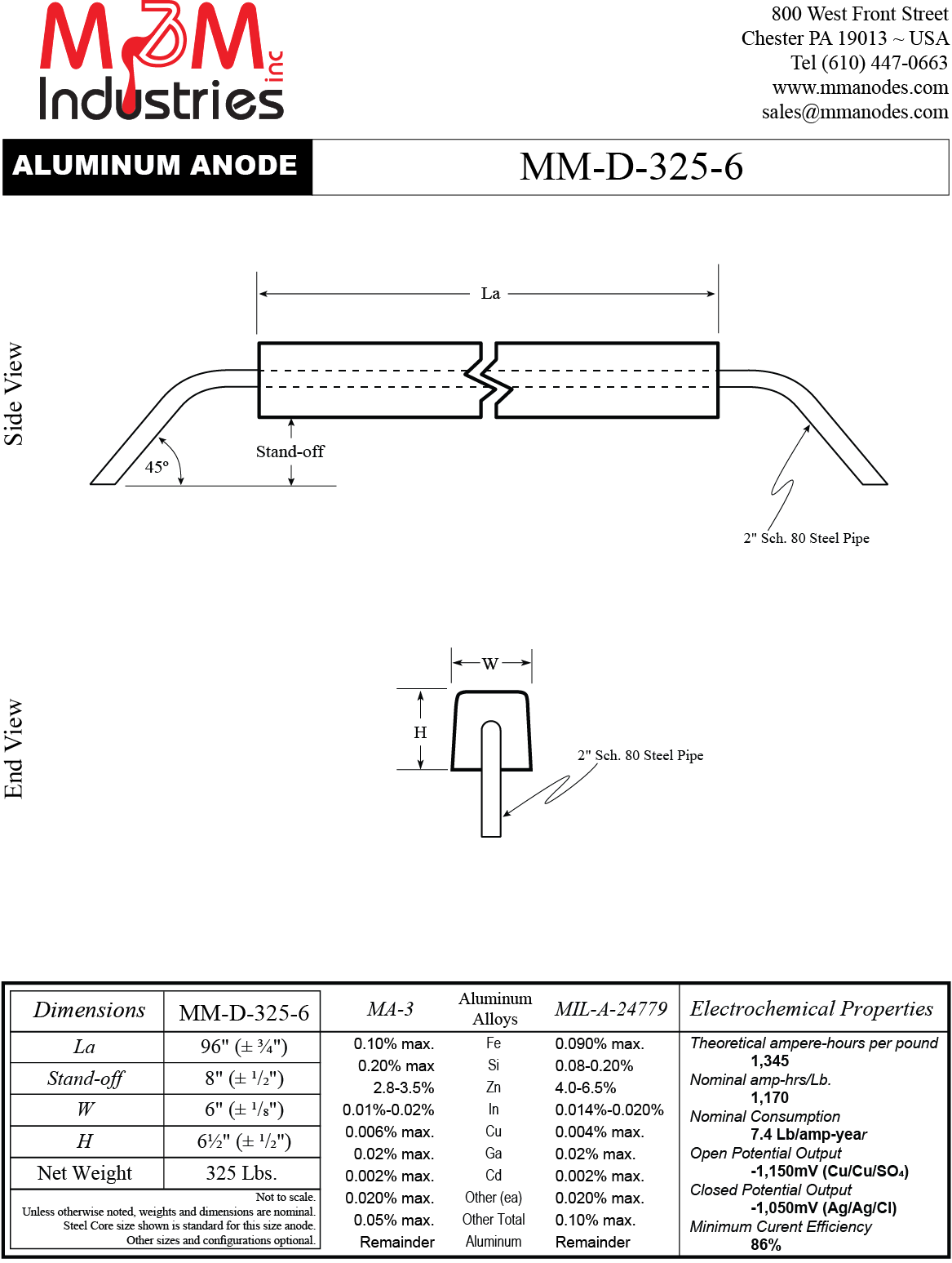 MM-D-325-6 Aluminum Sacrificial Anode, Measuring 96″ x 6″ x 6-½″, MIL-A-24779 or MA-3 Aluminum Alloy, net weight of 325 lbs, Made in USA by M&M Industries, Cathodic Protection, Technical Drawing.
