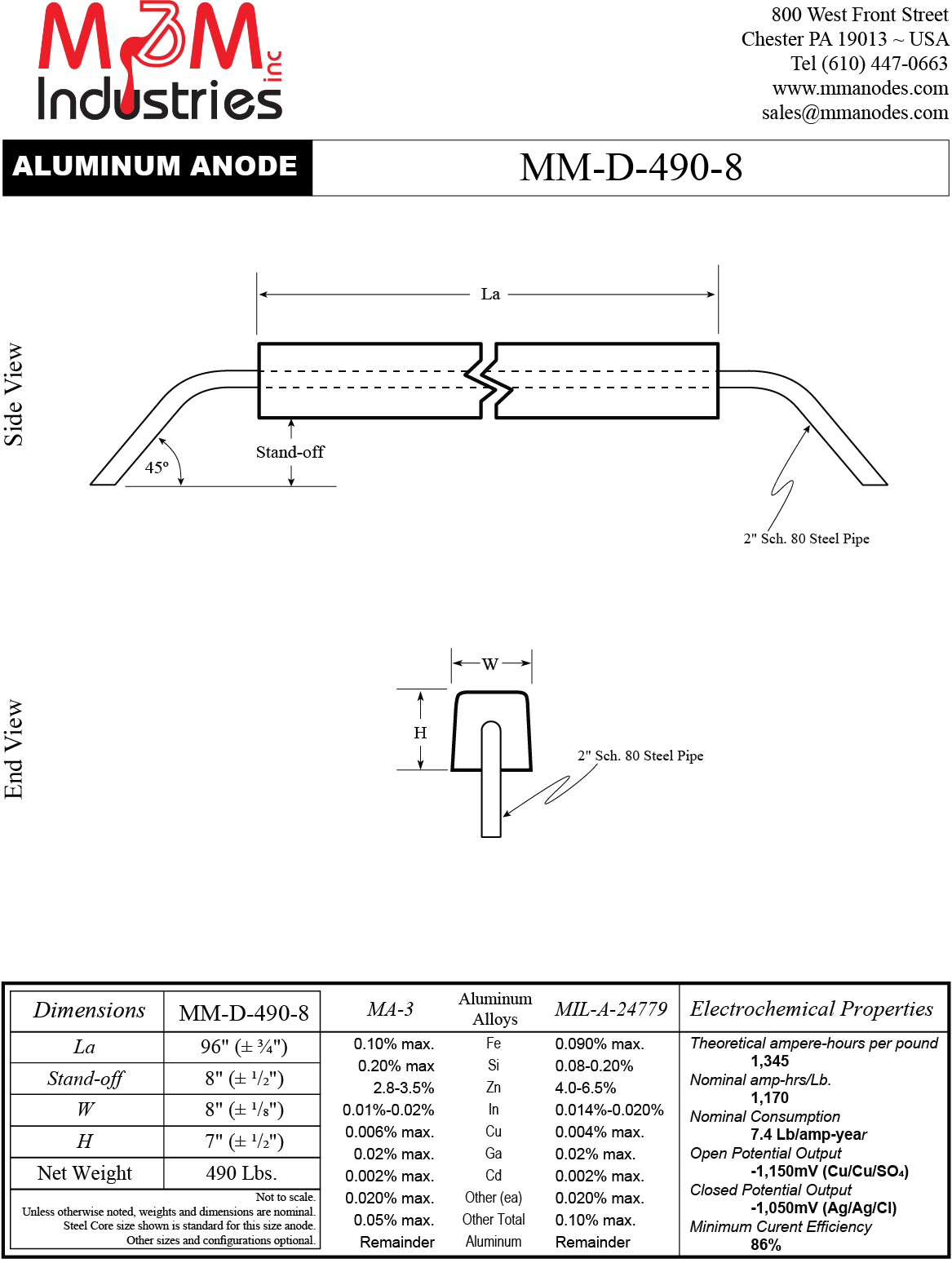 MM-D-490-8 Aluminum Sacrificial Anode, Measuring 96″ x 8″ x7″, MIL-A-24779 or MA-3 Aluminum Alloy, net weight of 490 lbs, Made in USA by M&M Industries, Cathodic Protection, Technical Drawing