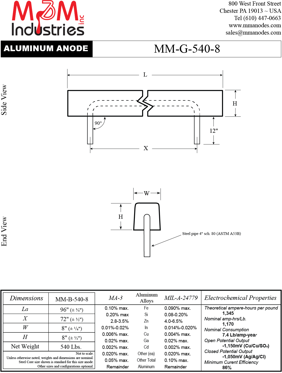 MM-G-540-8 Aluminum Sacrificial Anode, Measuring 96" x 8" x 8", MIL-A-24779 or MA-3 Aluminum Alloy, net weight of 540 Lbs. Made in USA by M&M Industries, Technical drawing, cathodic protection
