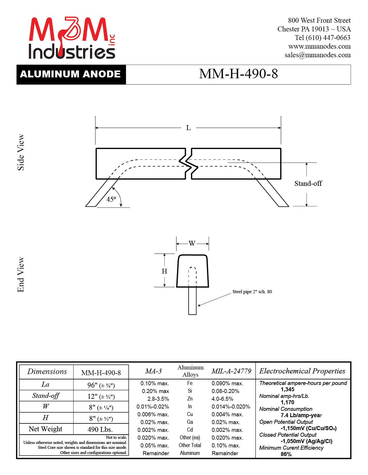 MM-H-490-8 Aluminum Sacrificial Anode, Measuring 96" x 8" x 8″, MIL-A-24779 or MA-3 Aluminum Alloy, Net weight of 490 lbs, Made in USA by M&M Industries. Technical drawing, cathodic protection.