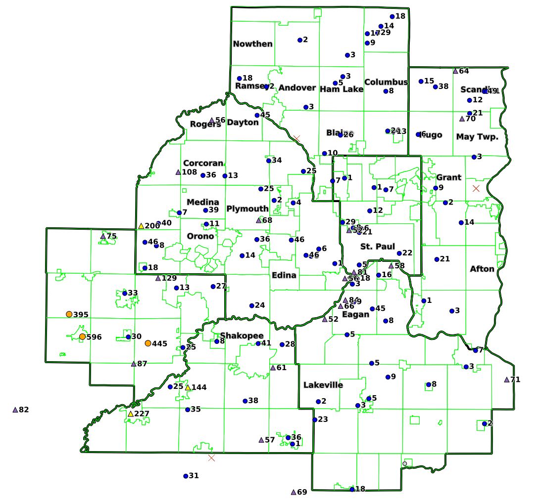 Map of seven county metro area with pin points for mosquito traps