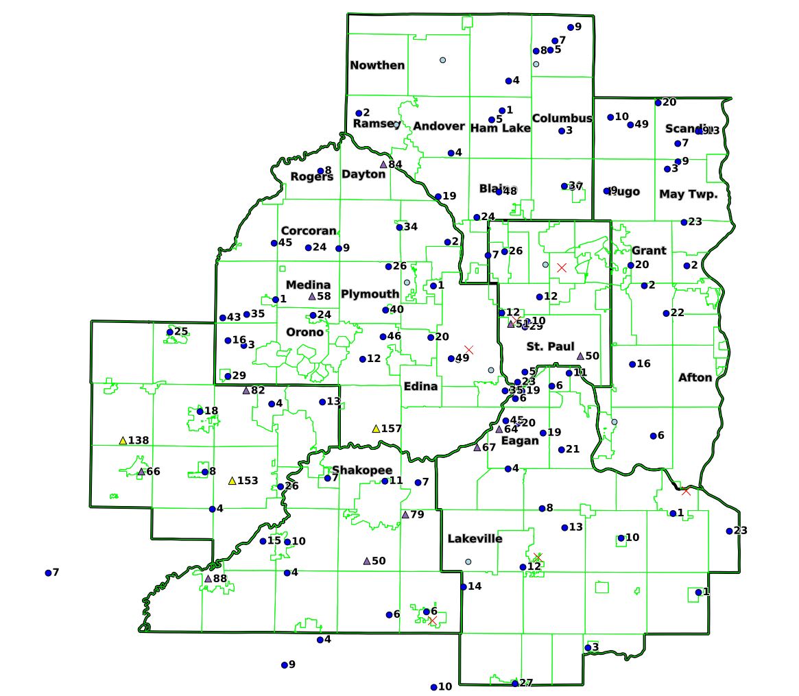 Map of seven county metro area with pin points for mosquito traps