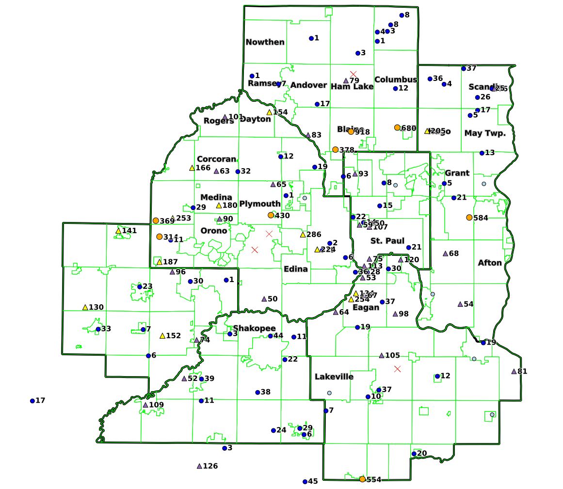 Map of seven county metro area with pin points for mosquito traps