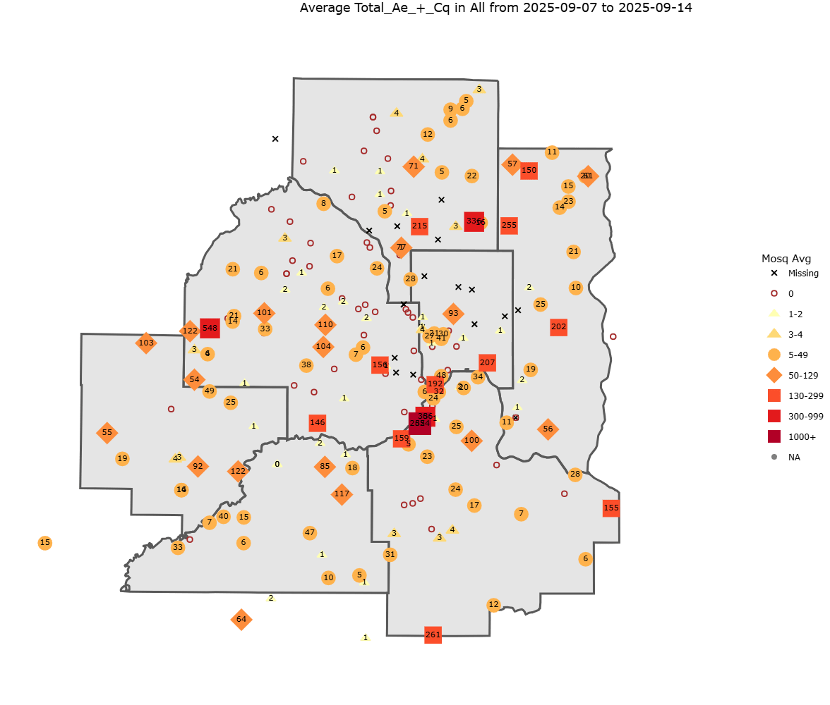 Map of seven county metro area with pin points for mosquito traps