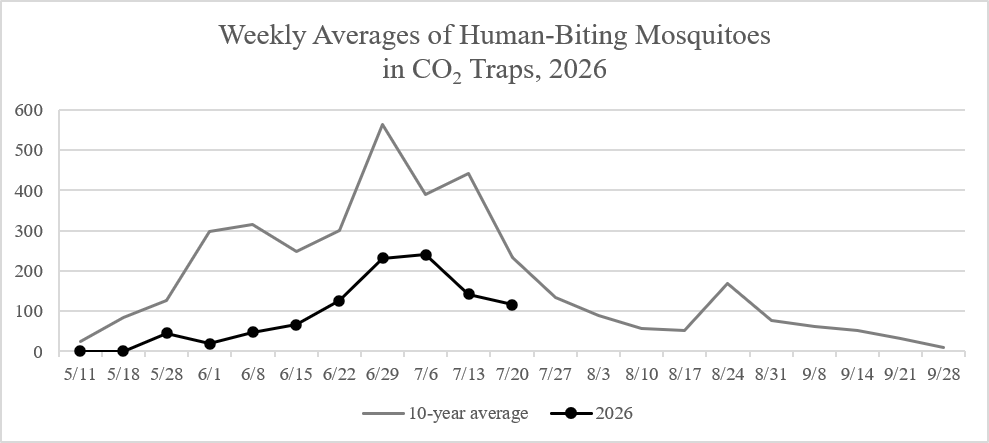 Graph depicting adult mosquitoes caught by MMCD surveillance on July 6th