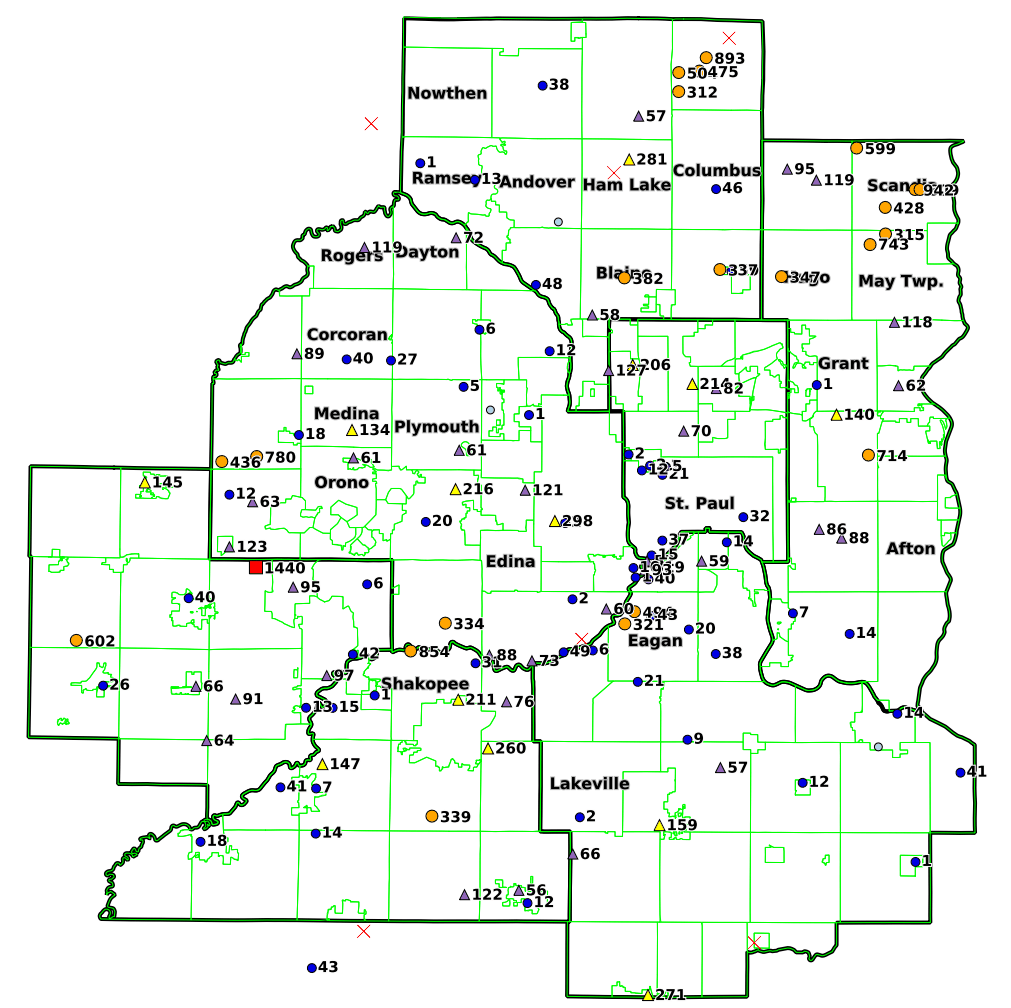 Map of the 7 counties showing the number of human-biting mosquitoes in CO2 traps.