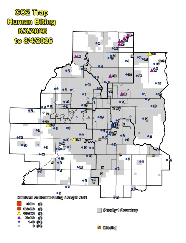 Map of the 7 counties showing the number of human-biting mosquitoes in CO2 traps.