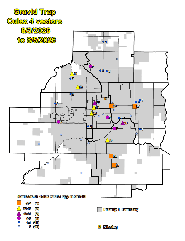Map of the 7 counties showing the number of human-biting mosquitoes in CO2 traps.