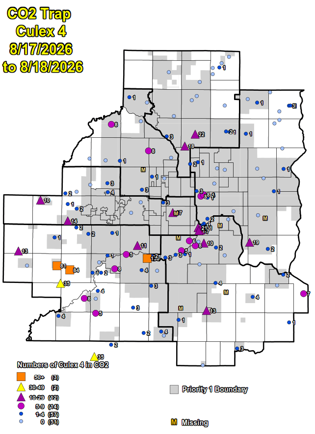 Map of the 7 counties showing the number of human-biting mosquitoes in CO2 traps.
