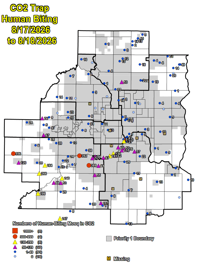 Map of the 7 counties showing the number of human-biting mosquitoes in CO2 traps.