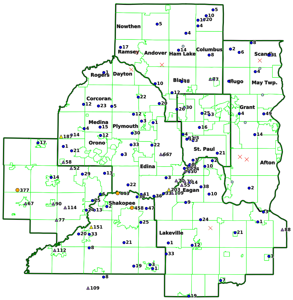Map of the 7 counties showing the number of human-biting mosquitoes in CO2 traps.