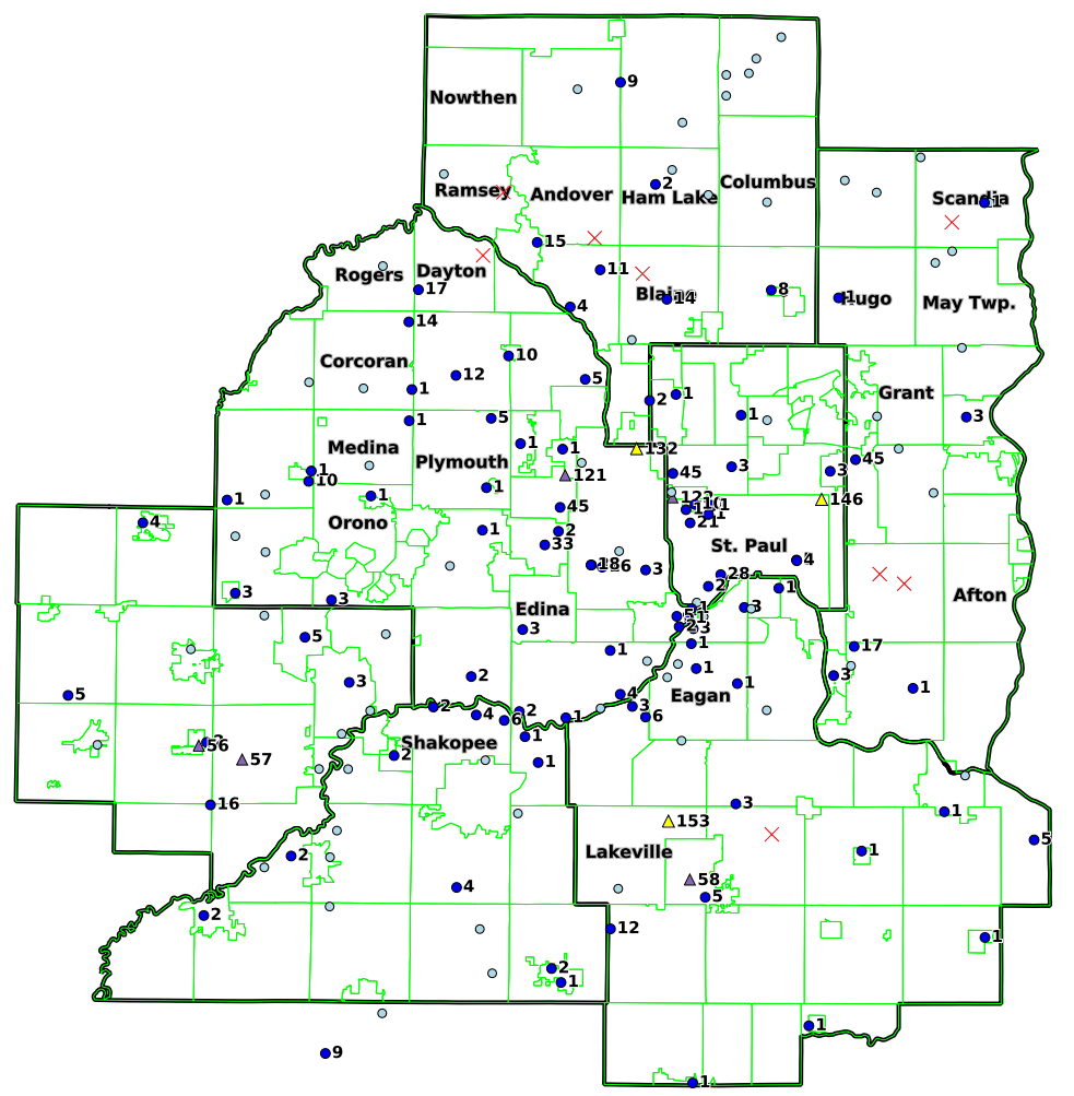Map of the 7 counties showing the number of human-biting mosquitoes in CO2 traps.