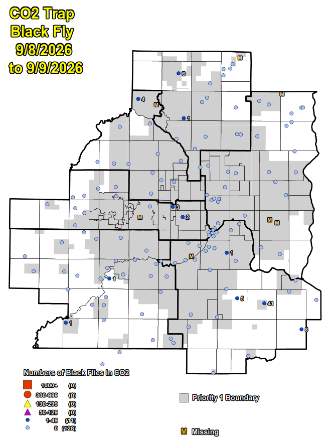 Map of the 7 counties showing the number of black flies collected in CO2 Traps.