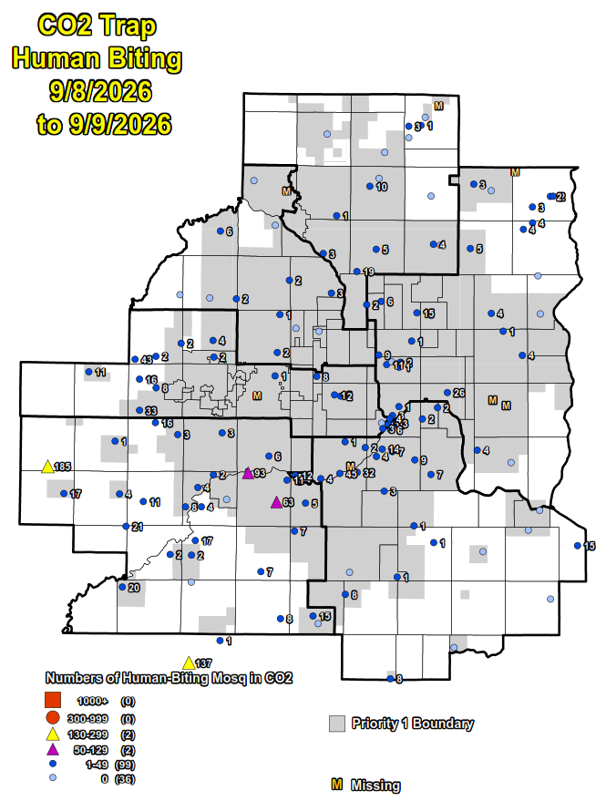 Map of the 7 counties showing the number of human-biting mosquitoes in CO2 traps.