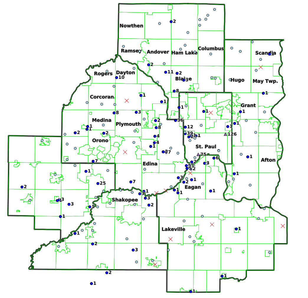 Map of the 7 counties showing the number of Culex mosquitoes collected in CO2 and Gravid Traps.