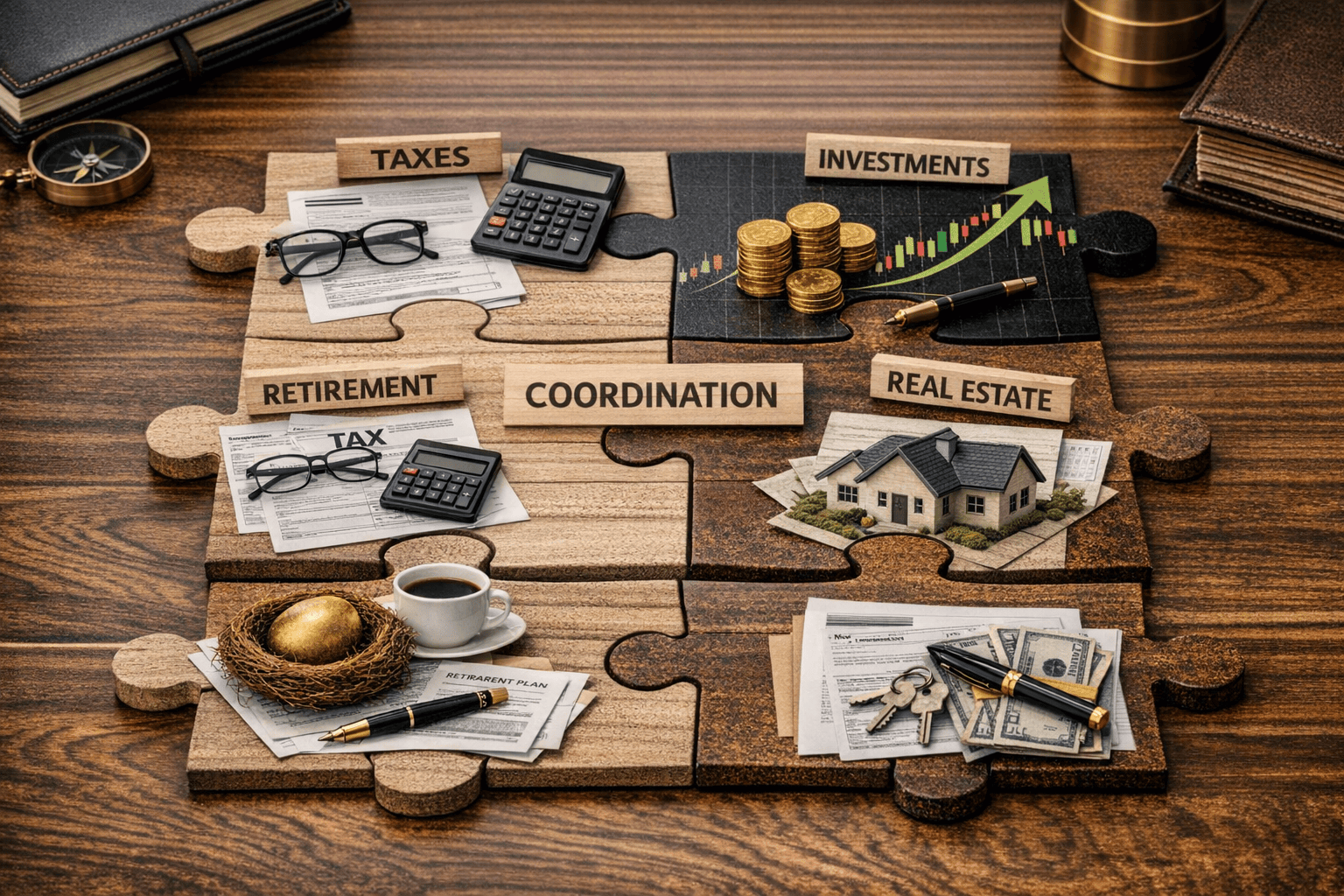 Tax strategies for high earners illustrated through coordinated financial planning, connecting taxes, investments, retirement, and real estate. M&M Wealth Associates. Michael Henry, partner, CRC