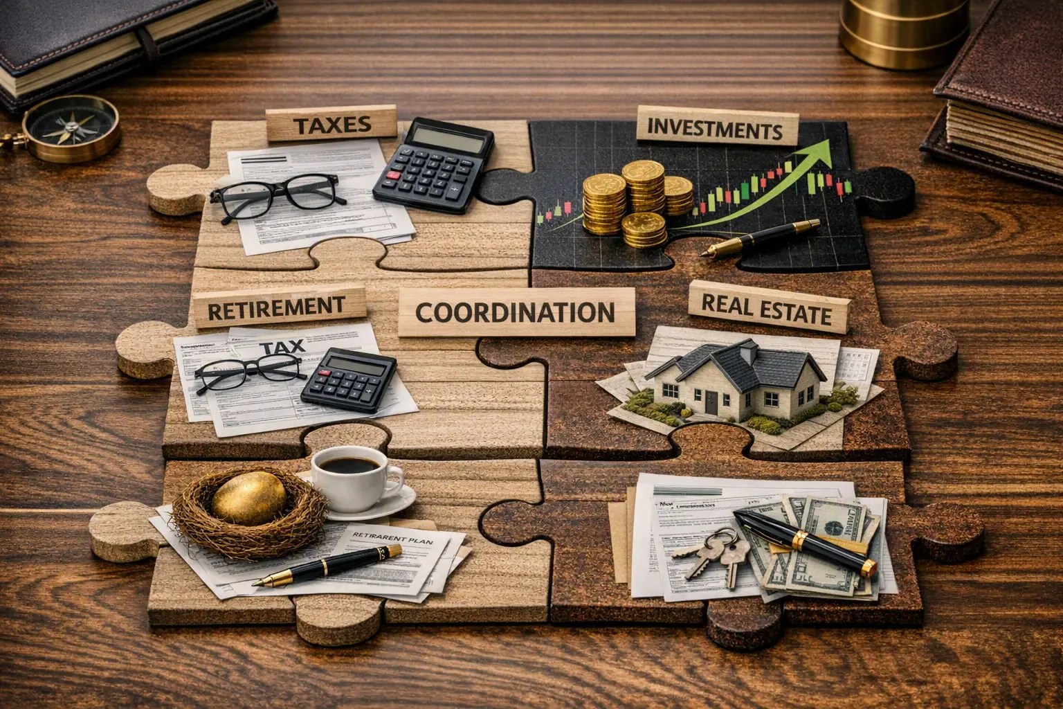Tax strategies for high earners illustrated through coordinated financial planning, connecting taxes, investments, retirement, and real estate. M&M Wealth Associates. Michael Henry, partner, CRC