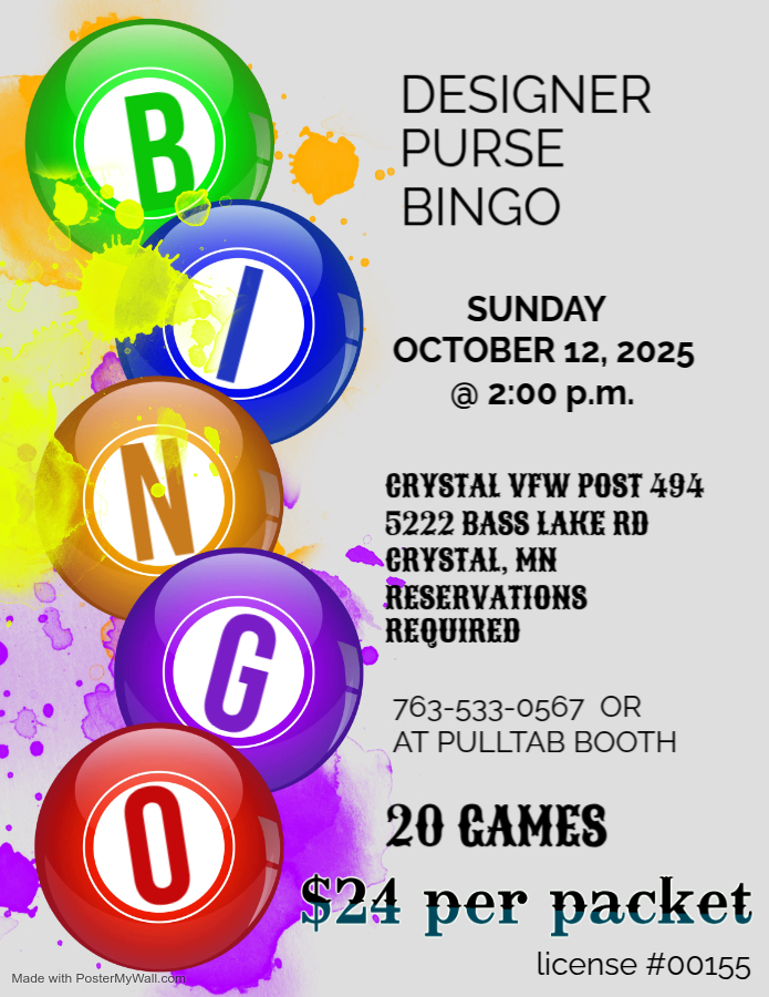 purse bingo crystal vfw sunday 10/12