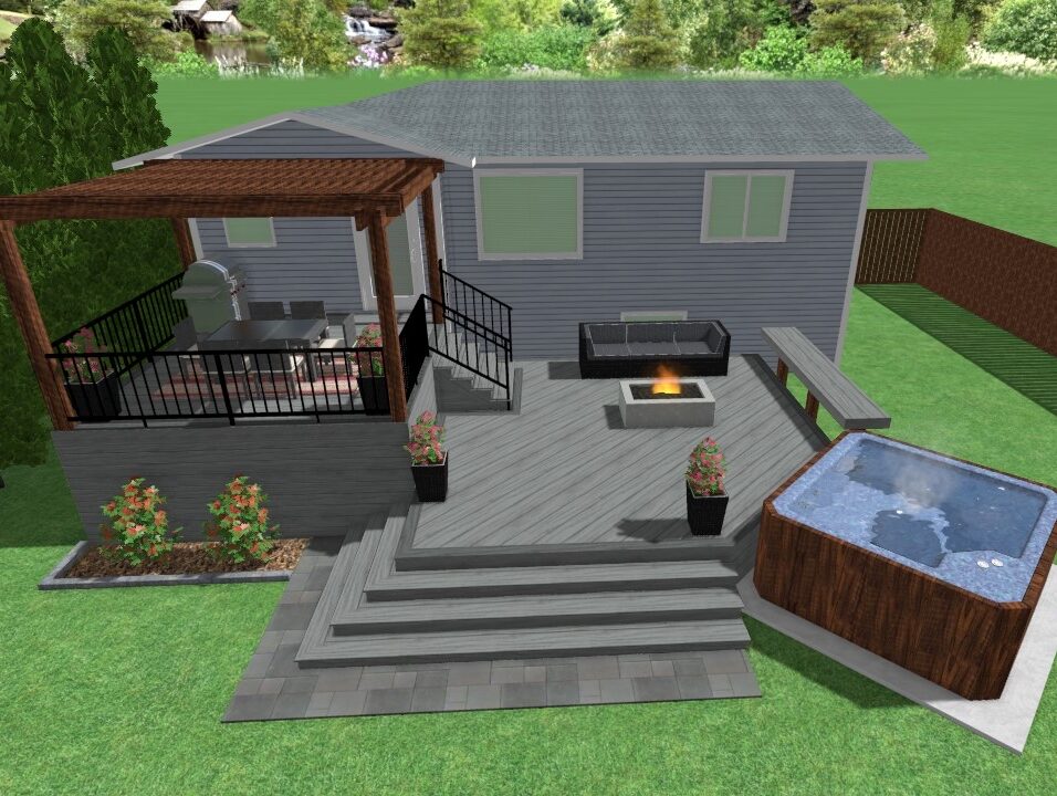 Rendering of two-level deck with a pergola and hot tub