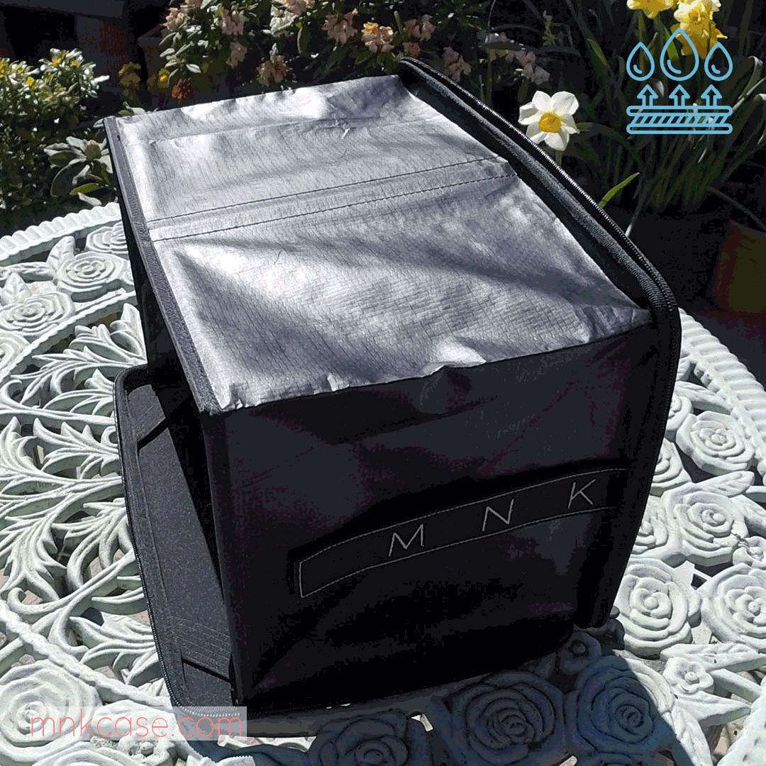 An animated gif of a hand pouring water from a glasss over the splash proof hood of PROHOOD. MNK