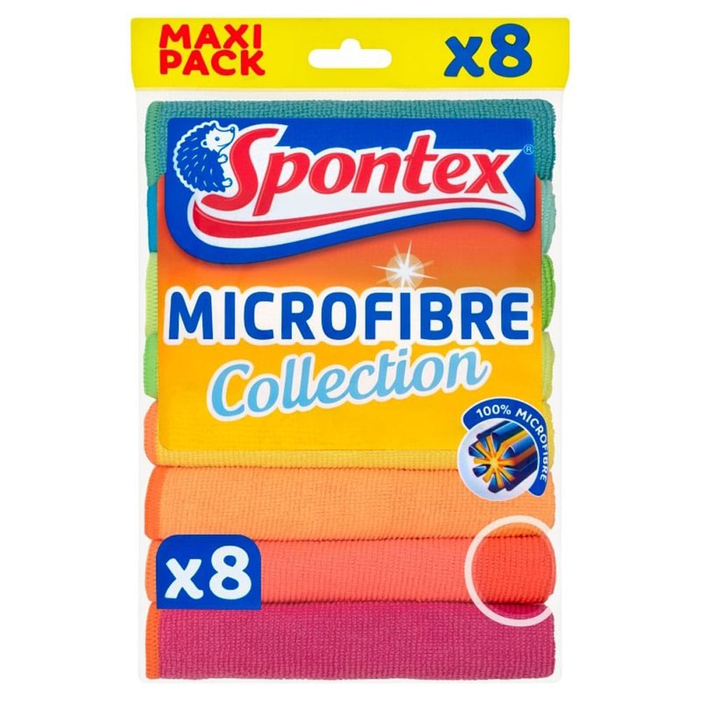 An 8 pack of bright coloured microfibre cleaning cloths. MNK