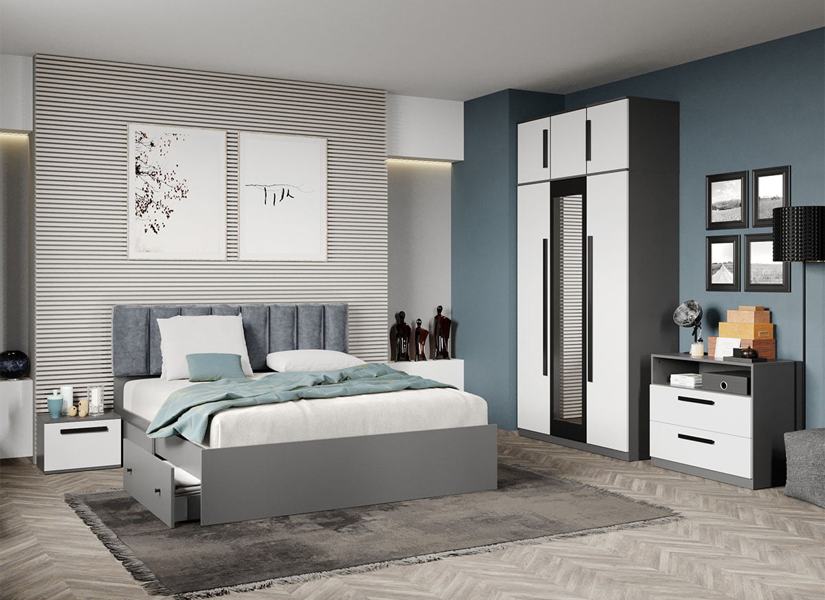 Set dormitor complet Alb cu Gri