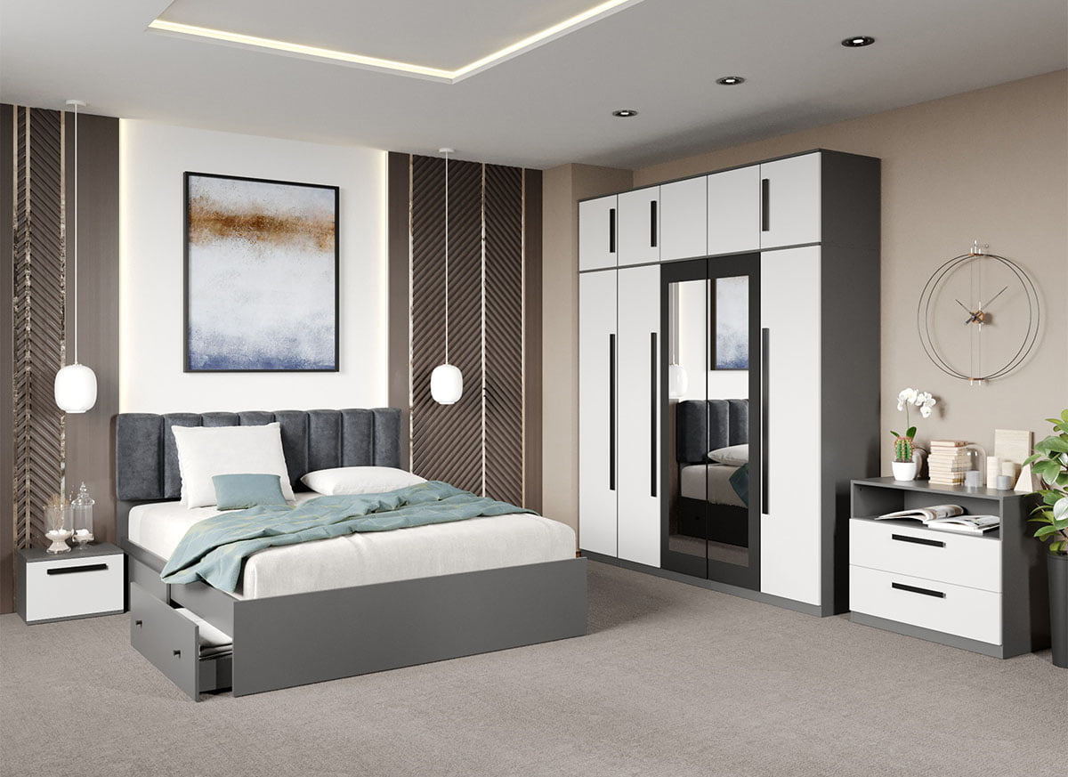 Set dormitor complet Alb cu Gri