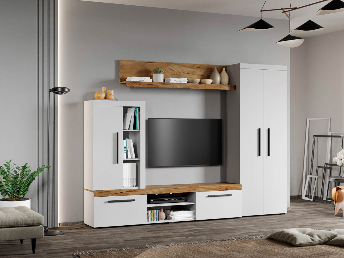 Set Mobilier Living Alb cu Stejar Auriu