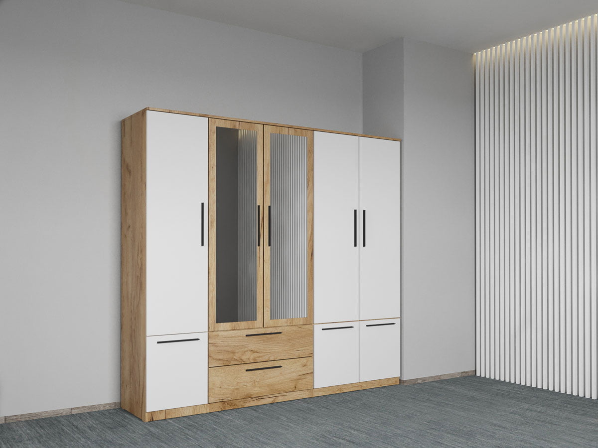 Dulap dormitor Stejar+Alb 5U cu oglinda