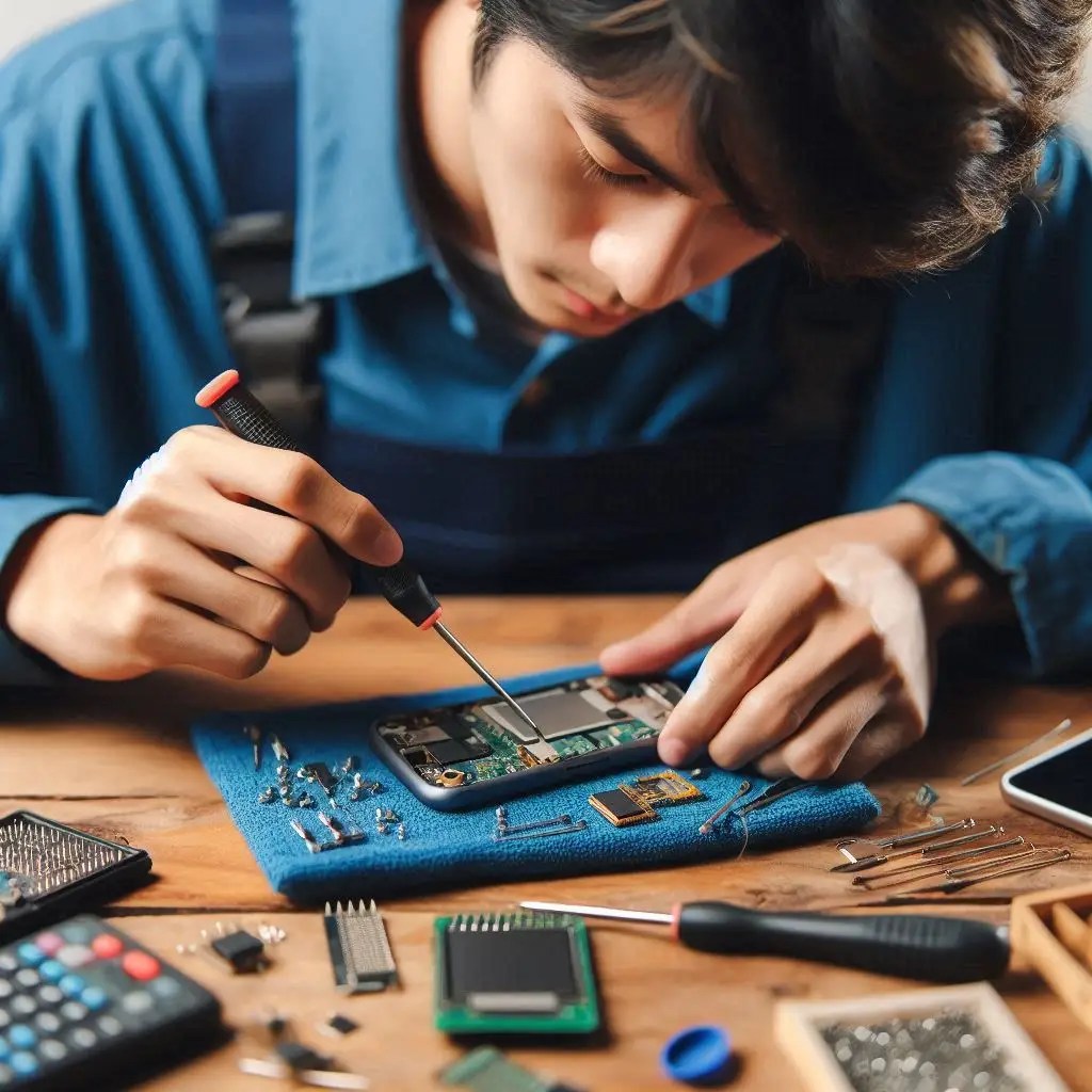 Technician performing precise phone repair on a smartphone's internal components in Smithfield.