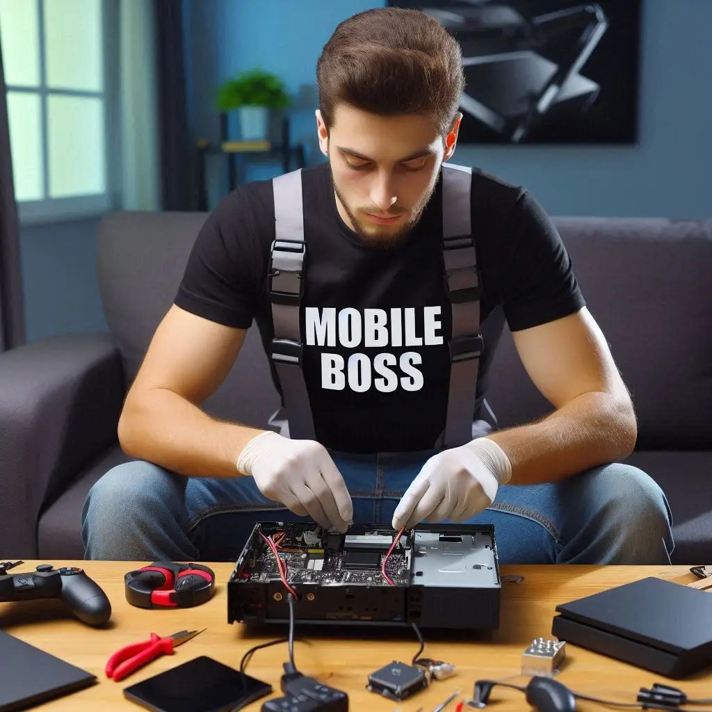 Technician repairing a gaming console while wearing gloves and a MobileBoss t-shirt, surrounded by tools.
