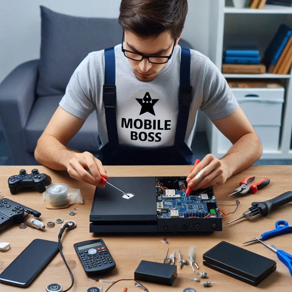 MobileBoss technician in uniform repairing a gaming console’s internal components using specialised tools.