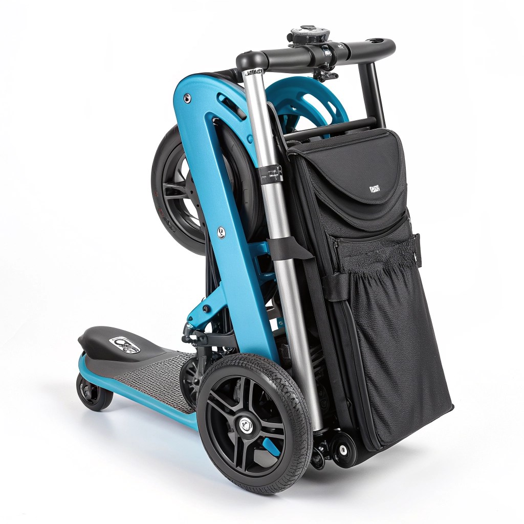 Folding mobility scooter for easy travel.