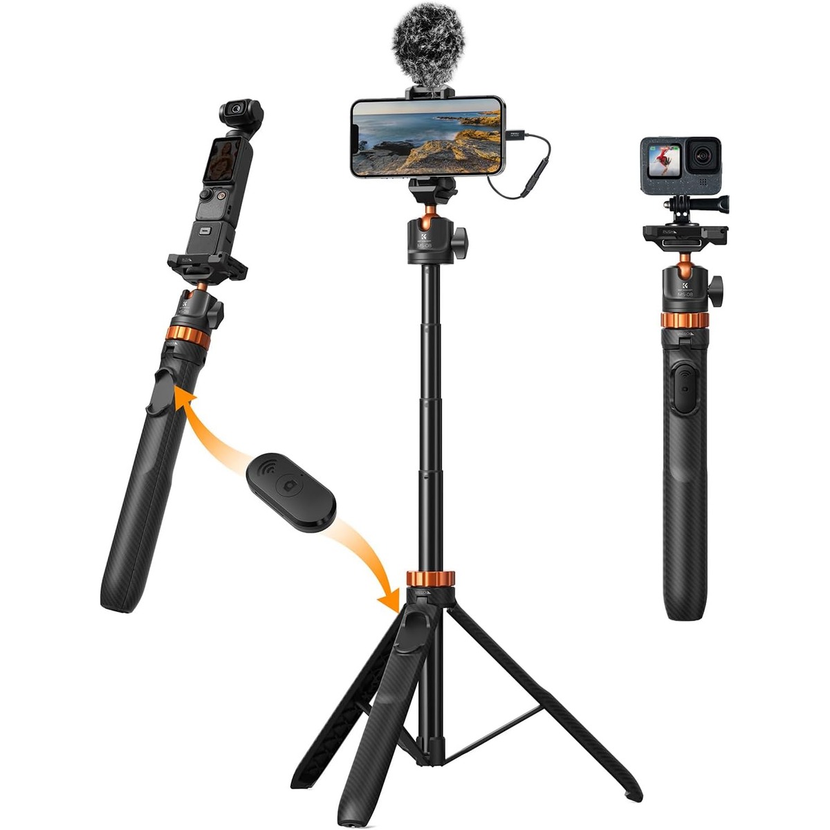 Selfie stick tripod for action cameras