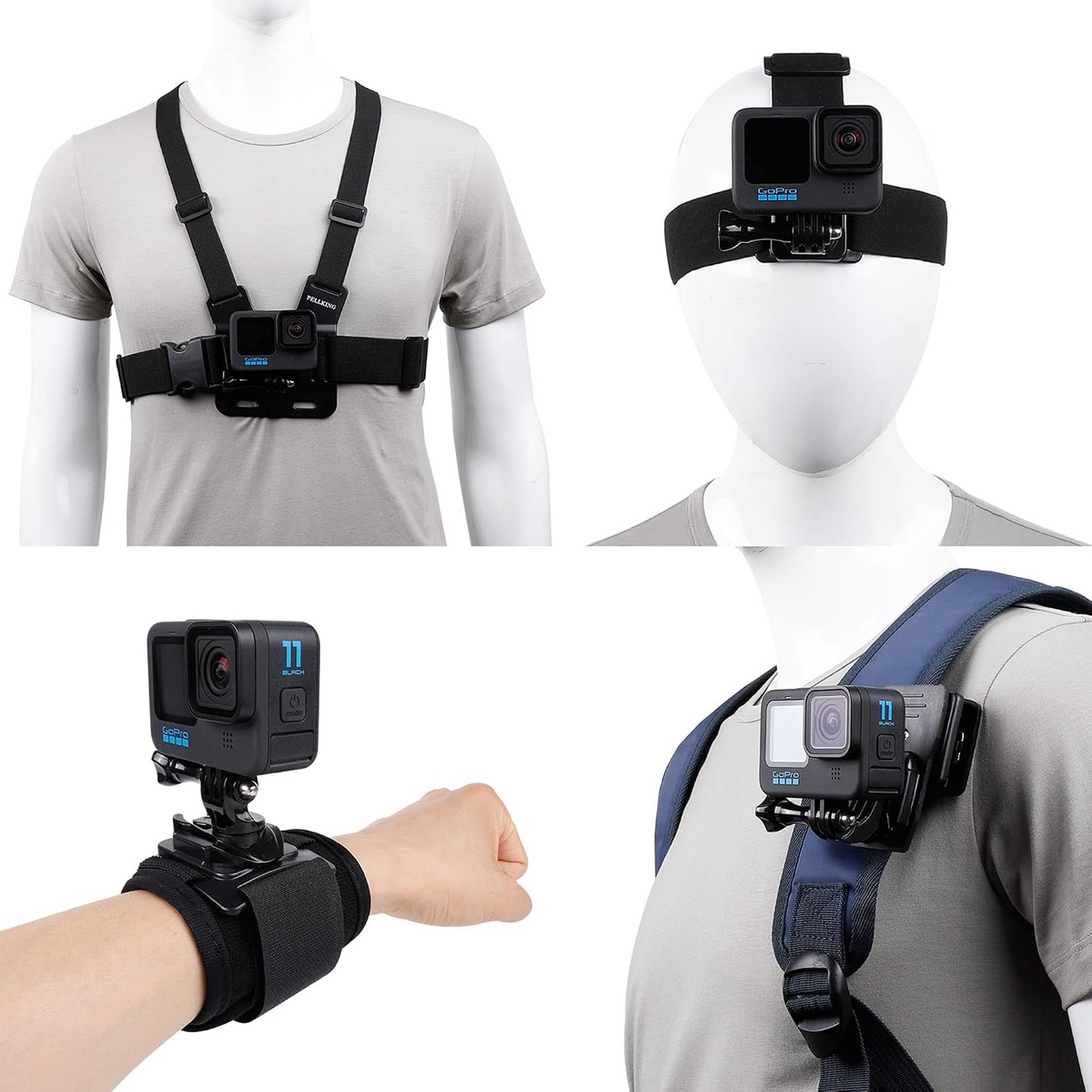 Action camera accessory set with mounts and brackets