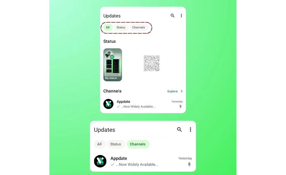 WhatsApp Tab All, Status, Channels
