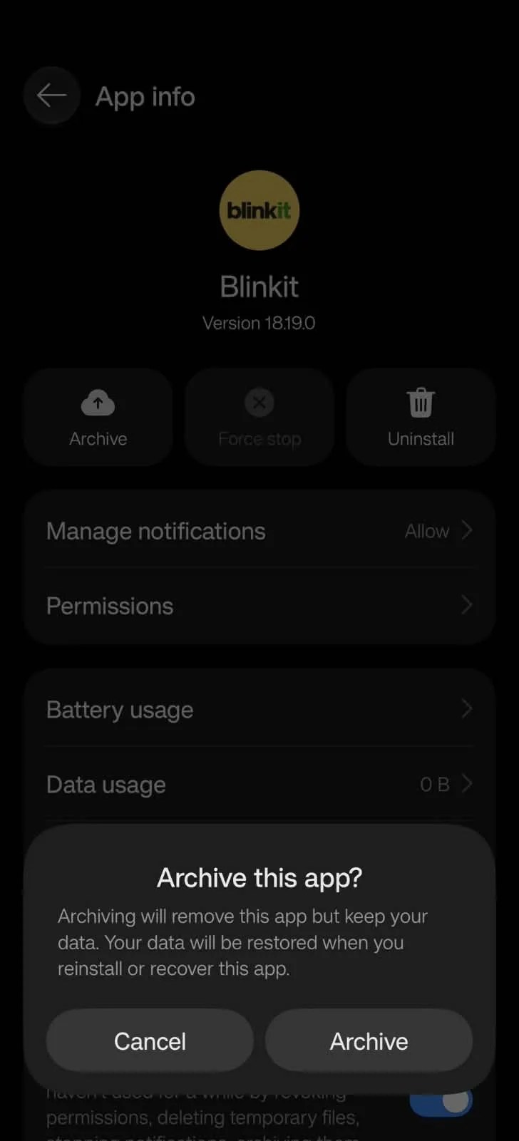 ColorOS 17 App Archiving - Archive app prompt for Blinkit