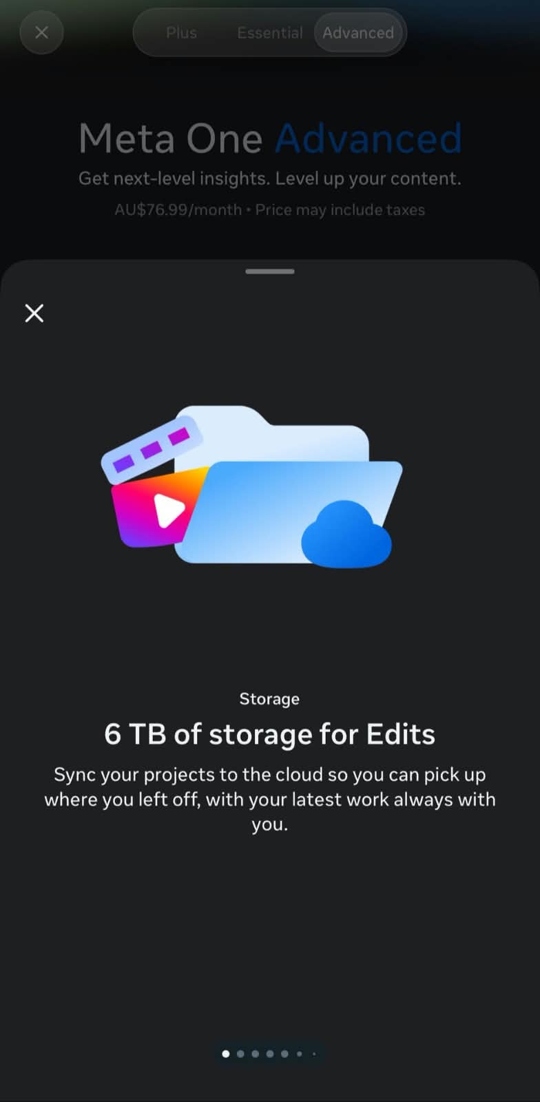 Meta One Advanced 6TB subscription price shown in the Edits app