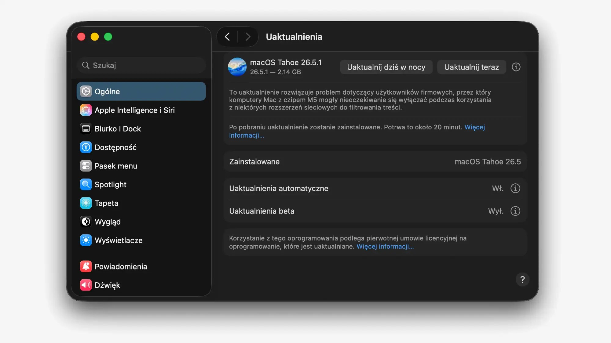 Pilna łatka macOS 26.5.1 dla komputerów z procesorami M5