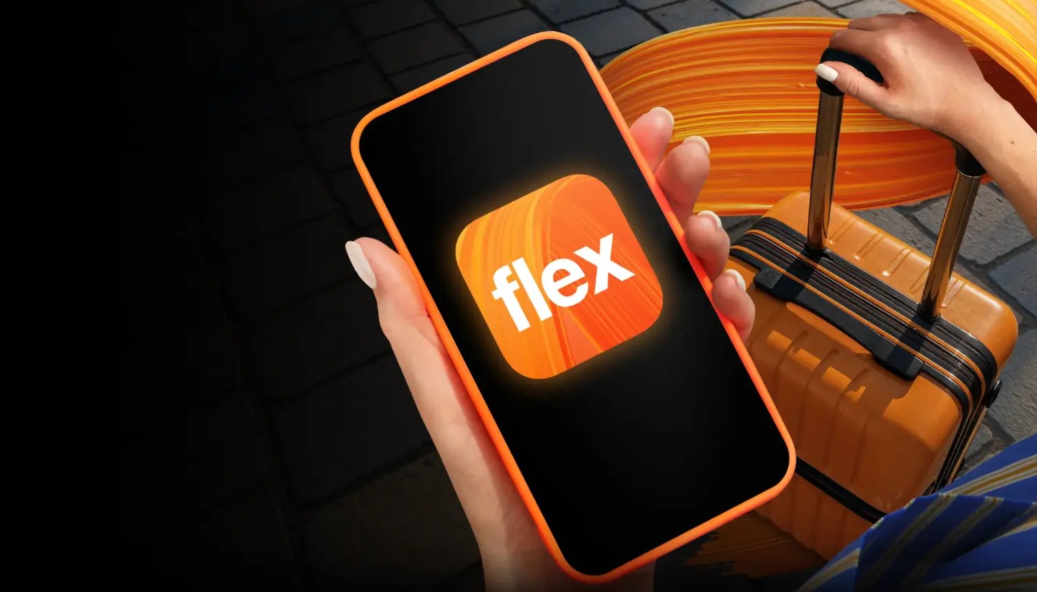 Orange Flex - podróże (smartfon z logo Orange Flex i pomarańczowa walizka)