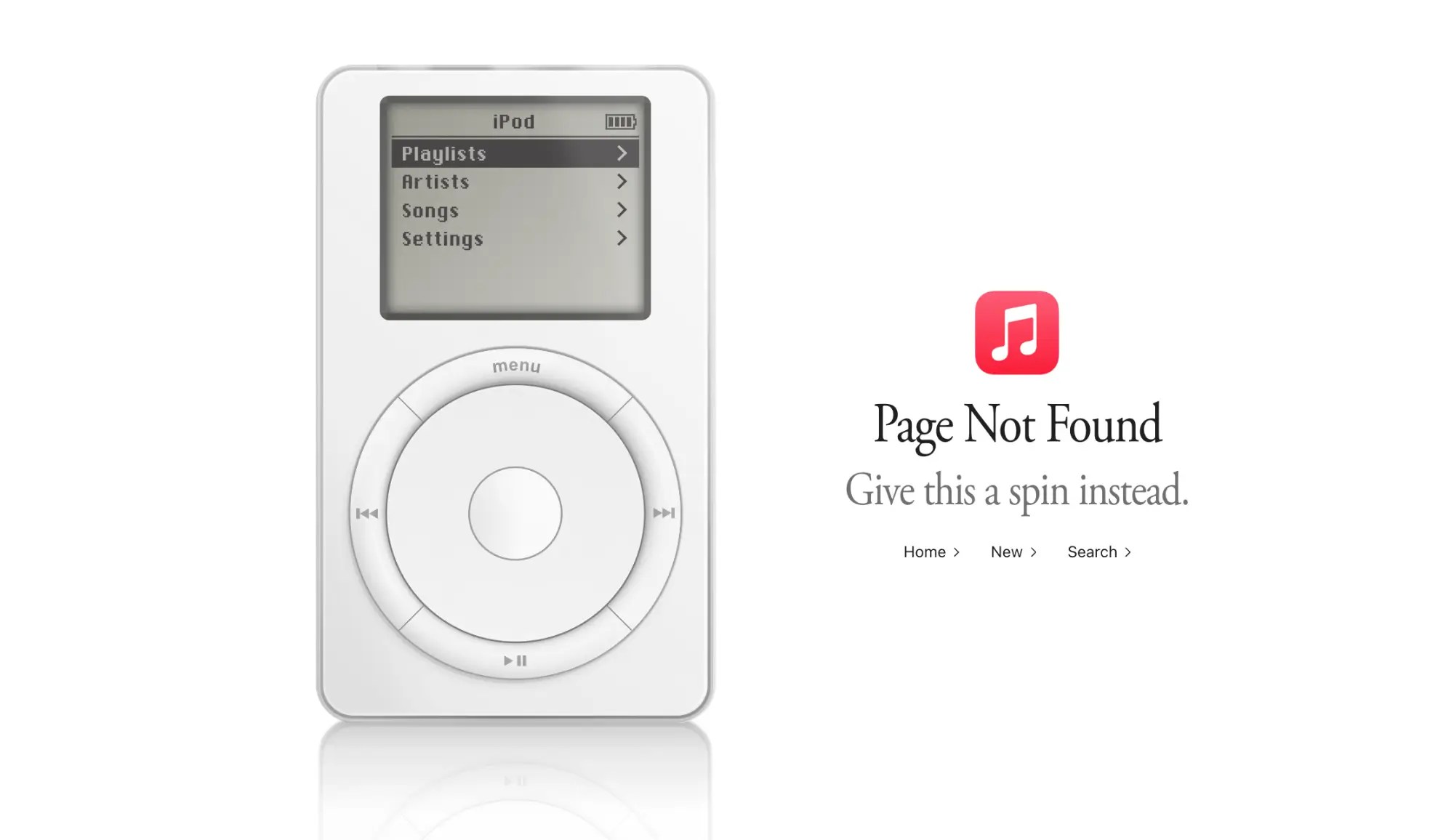 Na stronie 404 serwisu Apple Music jest grywalny model iPoda 1. gen wraz z grą „Brick”