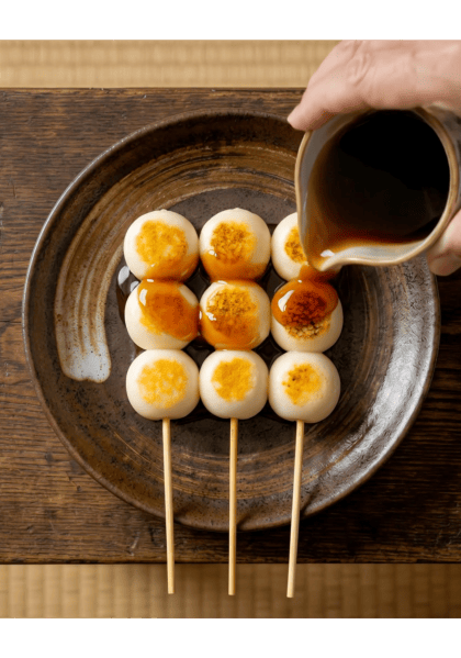 Yaki dango on skewers drizzled with thick brown sugar syrup