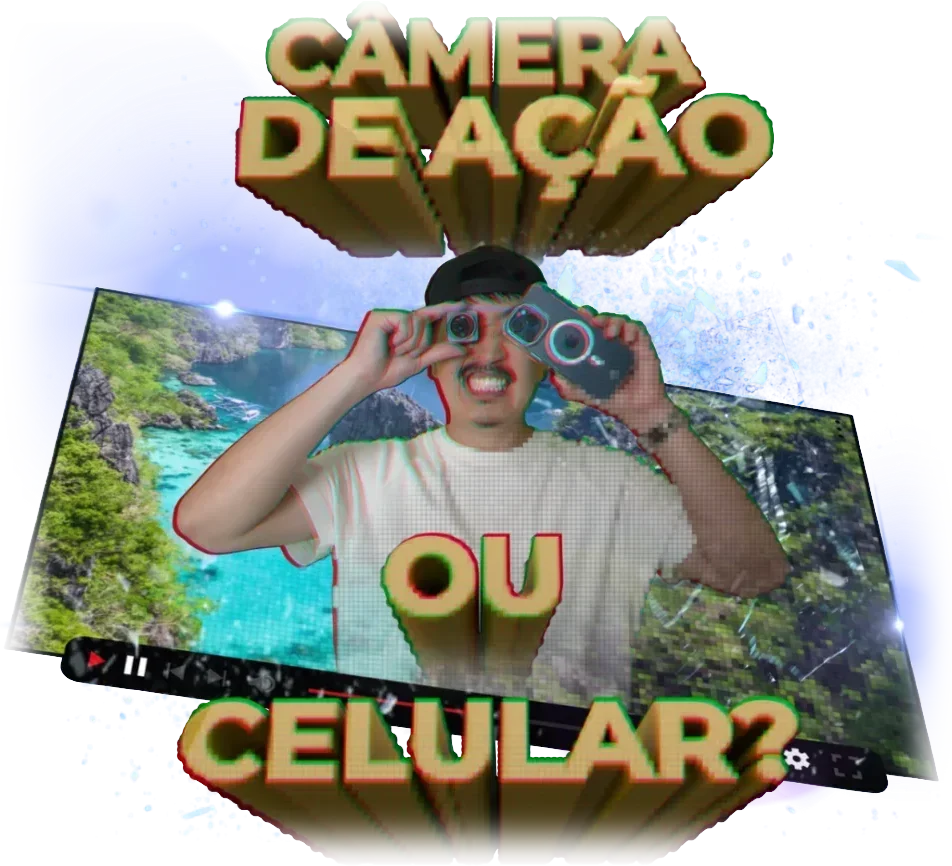 Câmera de ação ou celular? César olhando pela câmera e pelo celular como binóculos