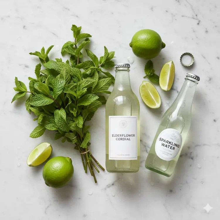 Elderflower cordial bottle, fresh mint, limes, and sparkling water arranged on marble surface