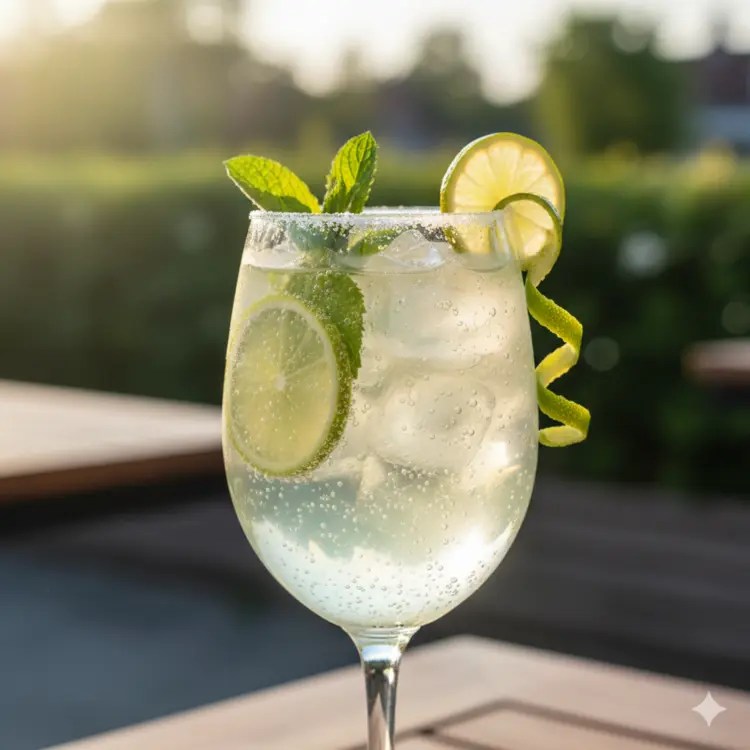 Sparkling non alcoholic Hugo Spritz garnished with fresh mint and lime