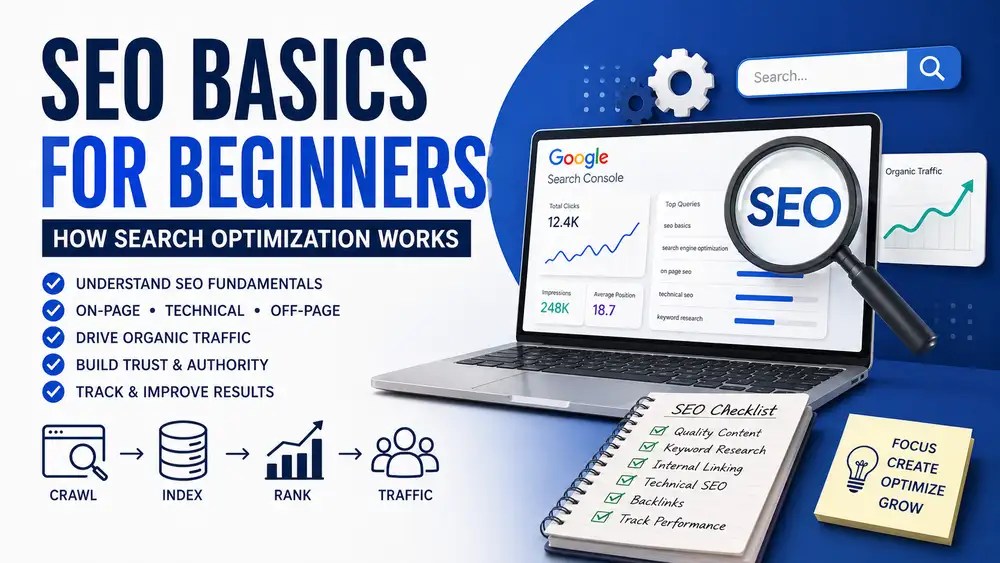 SEO basics guide for beginners with search optimization dashboard