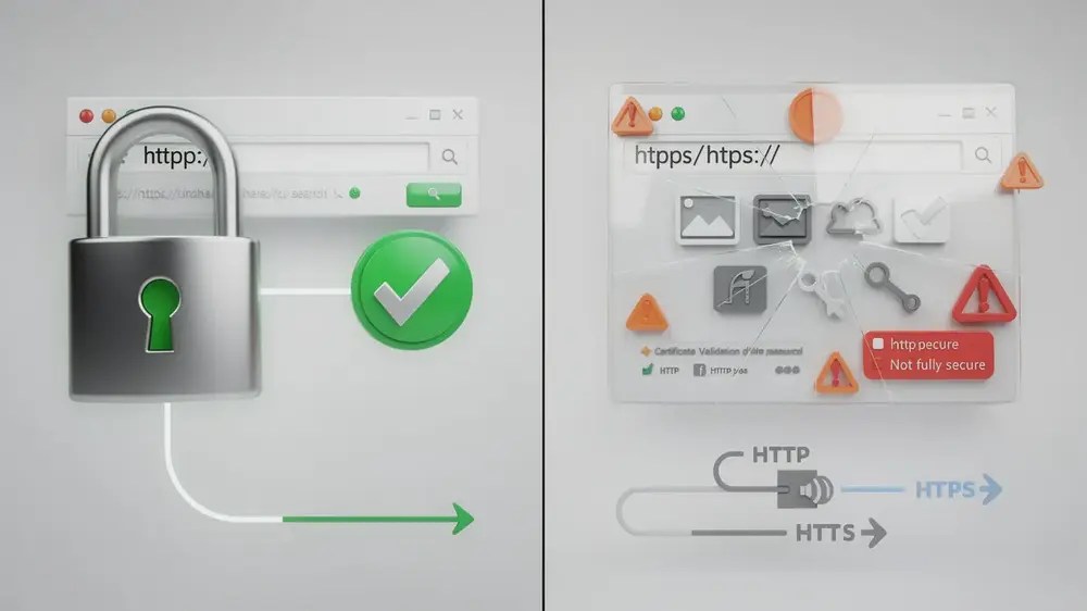 Common HTTPS migration errors including mixed content and redirect problems