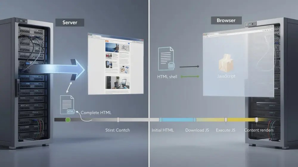 Request flow comparing server-rendered HTML with content assembled by JavaScript in the browser