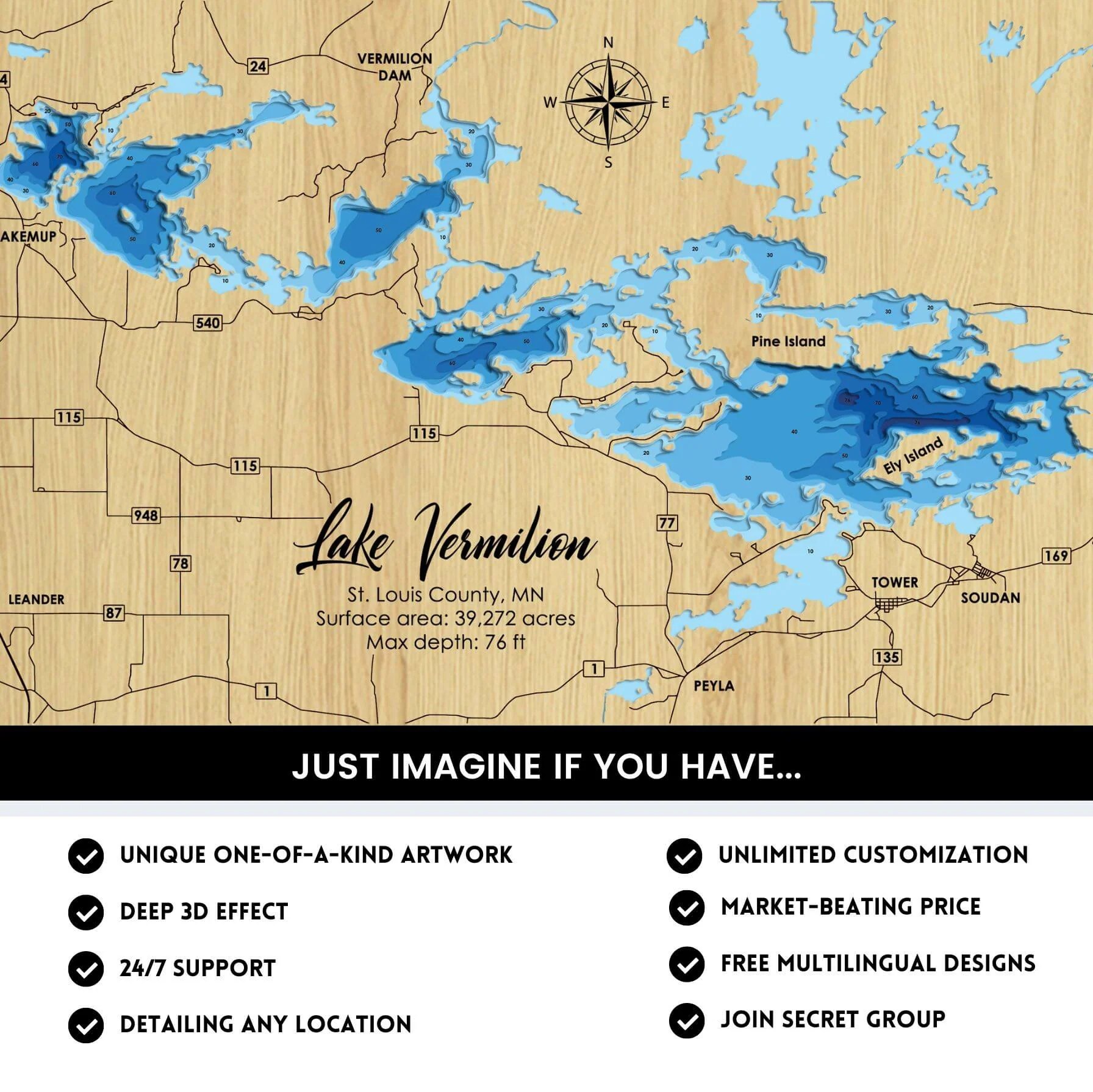 Lake Vermillion Minnesota Laser Map Files Layers Svg Ai Dxf Pdf.
