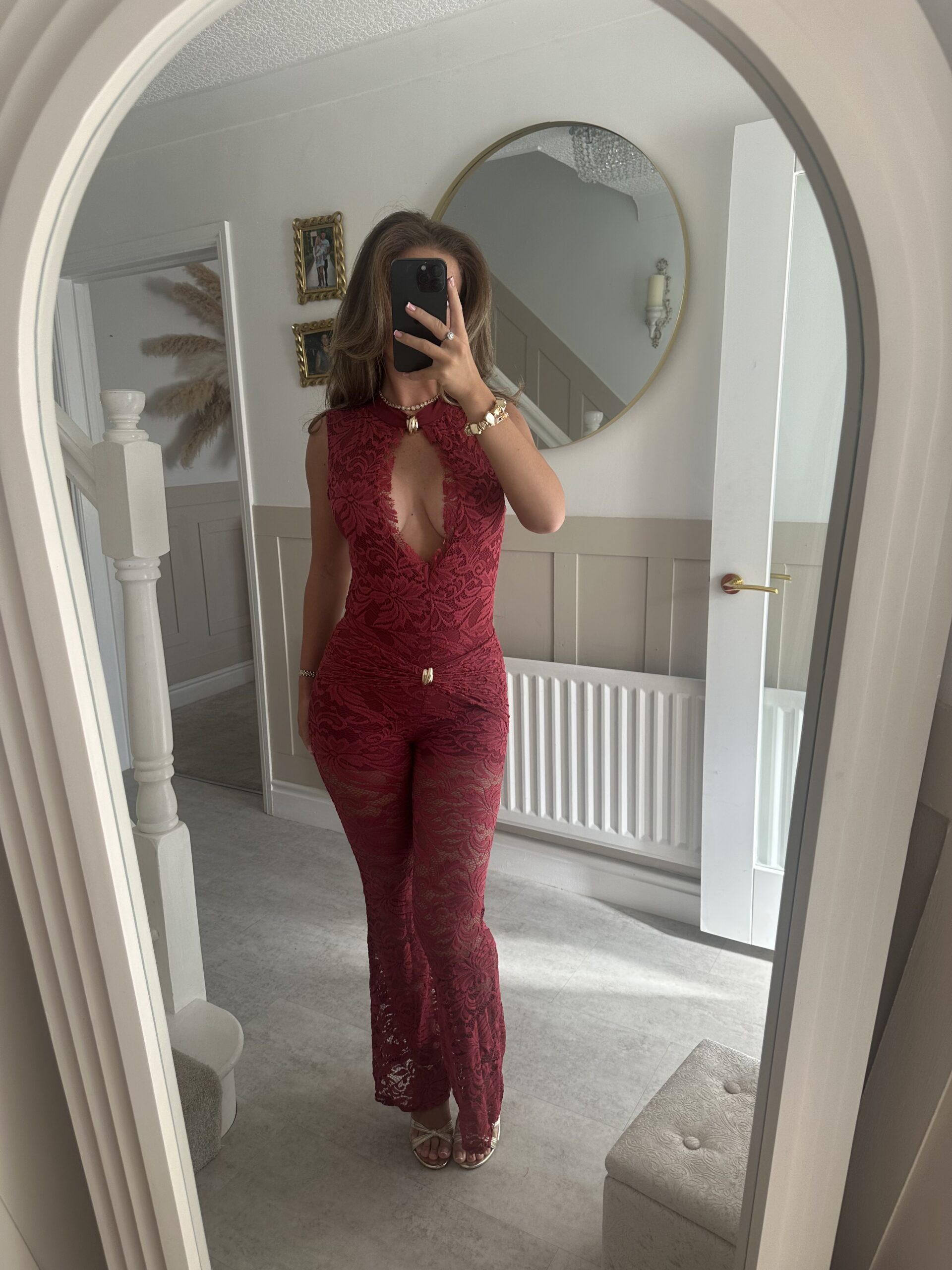 ANNABELLE Lace Halter Gold Detail Jumpsuit In Wine